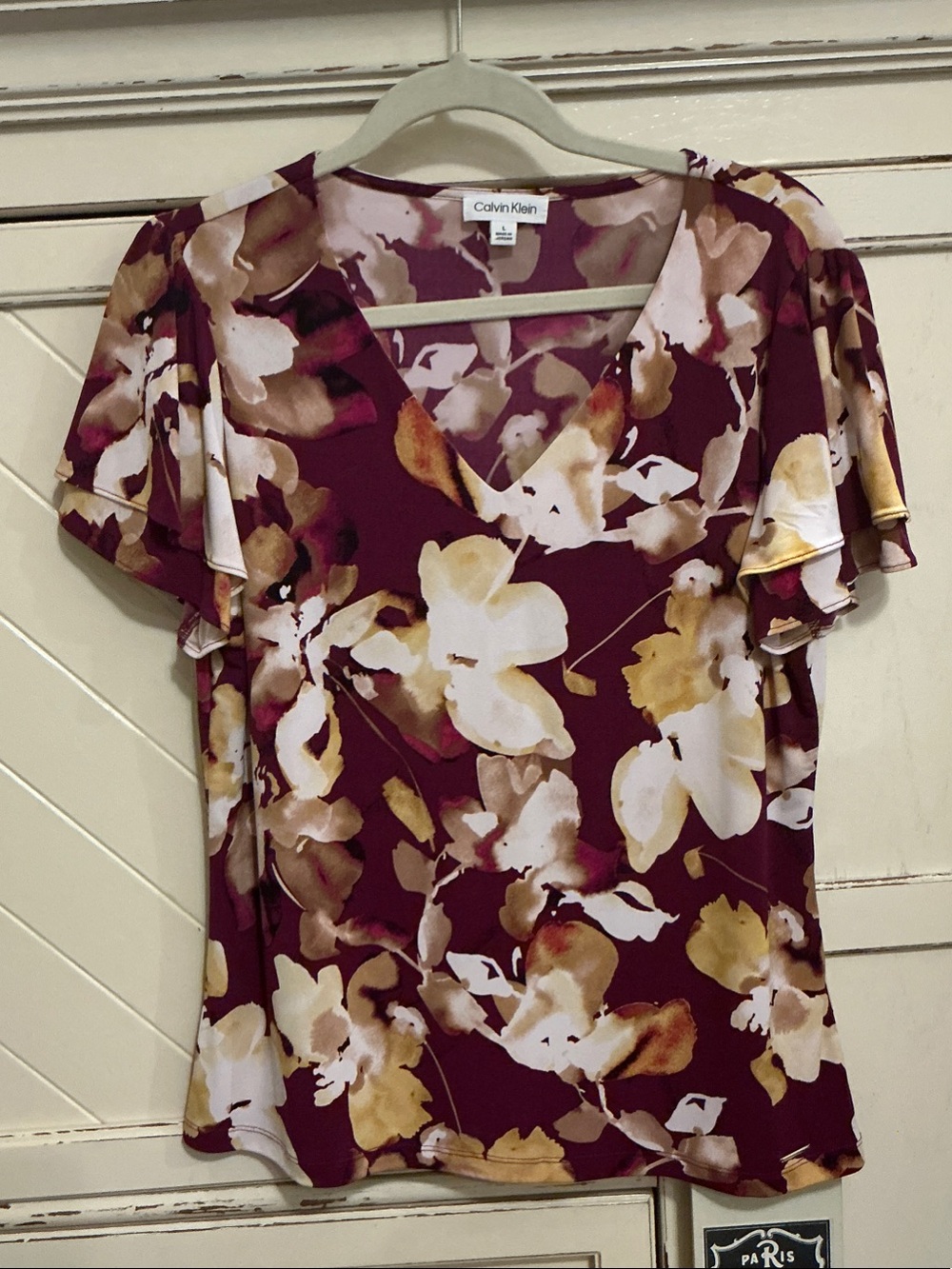 Calvin Klein Burgundy Floral Flutter Sleeve V-Neck Blouse